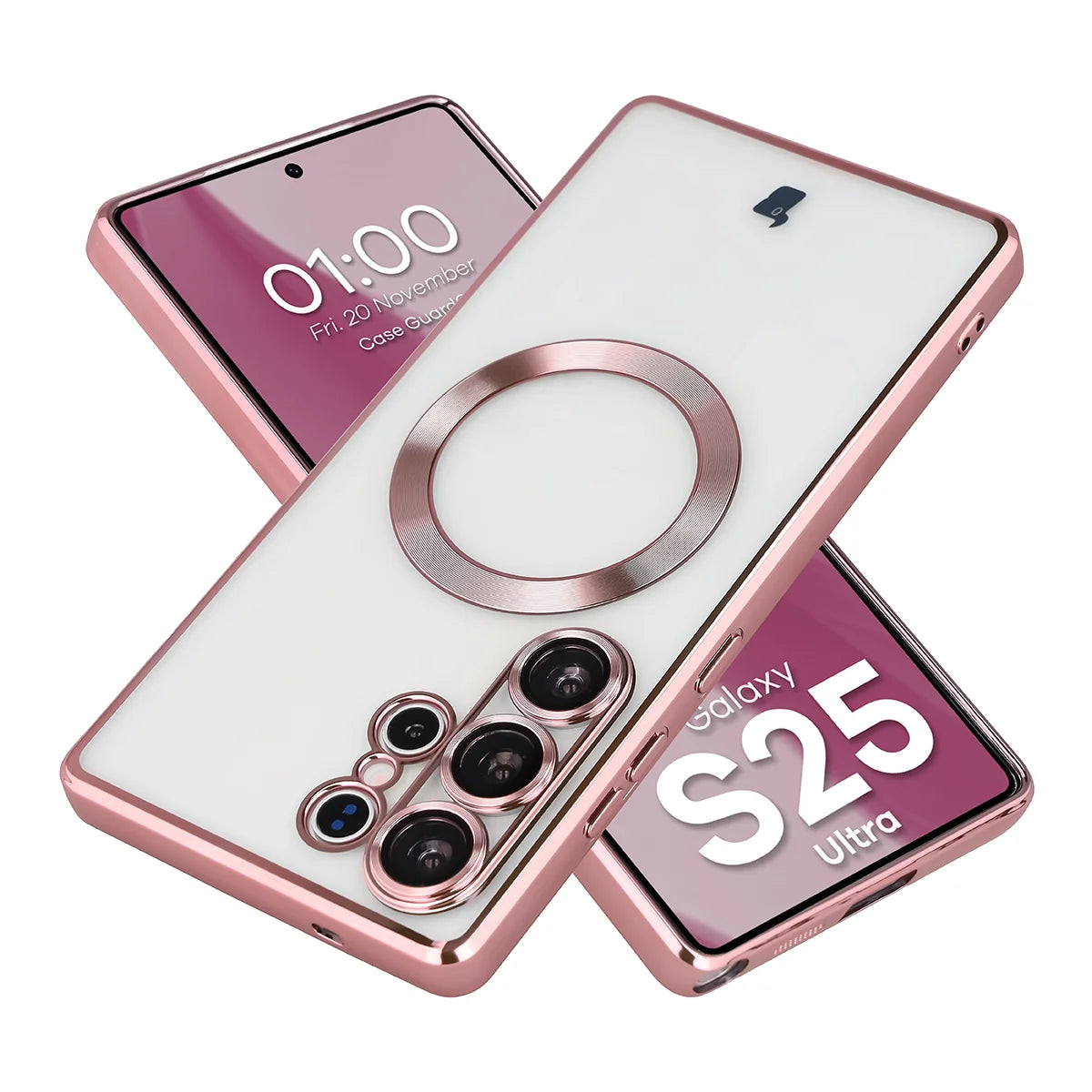 Handyhülle mit Kameraschutz und Magnetring für Galaxy S25 Ultra, Bizon Case GuardO, Transparent-Rosa