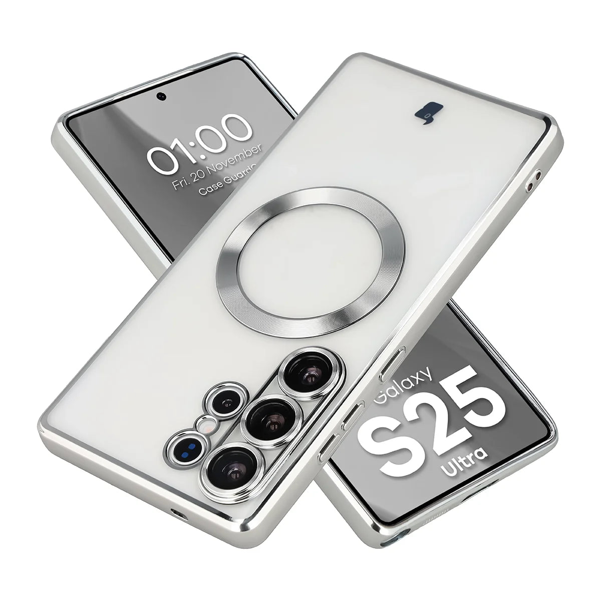 Handyhülle mit Kameraschutz und Magnetring für Galaxy S25 Ultra, Bizon Case GuardO, Transparent-Silbern