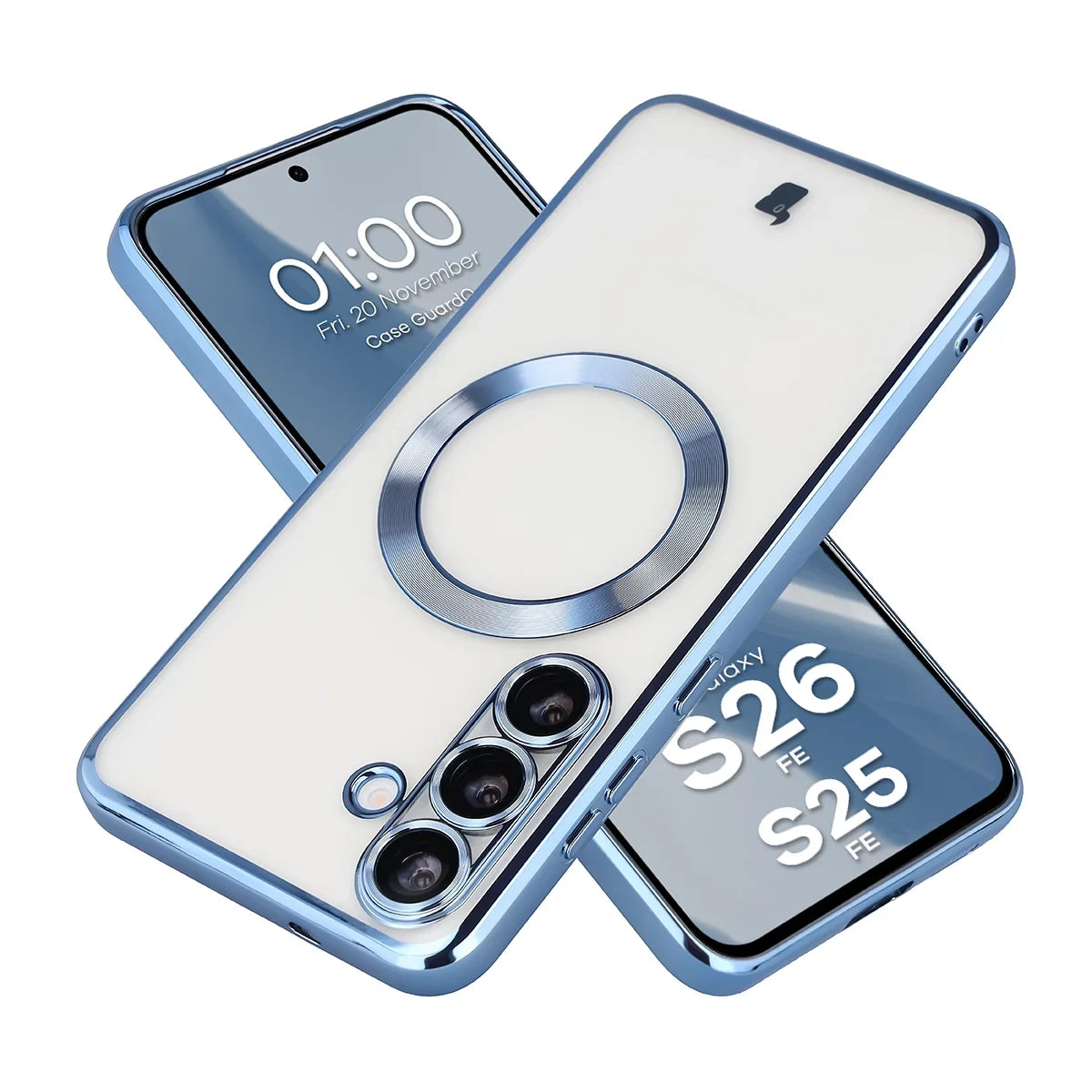 Handyhülle mit Kameraschutz und Magnetring für Galaxy S26 FE / S25 FE, Bizon Case GuardO, Transparent-Blau