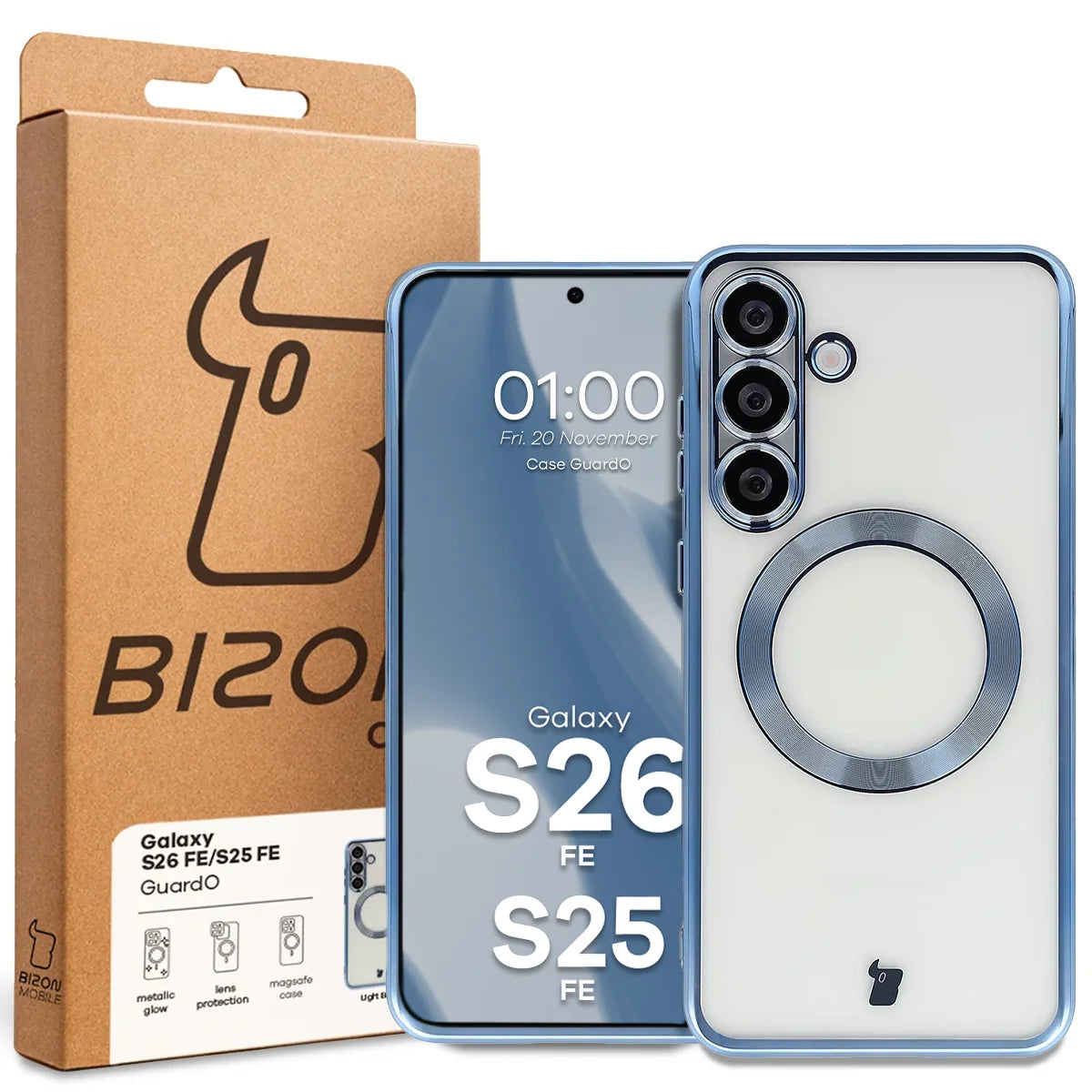 Handyhülle mit Kameraschutz und Magnetring für Galaxy S26 FE / S25 FE, Bizon Case GuardO, Transparent-Blau