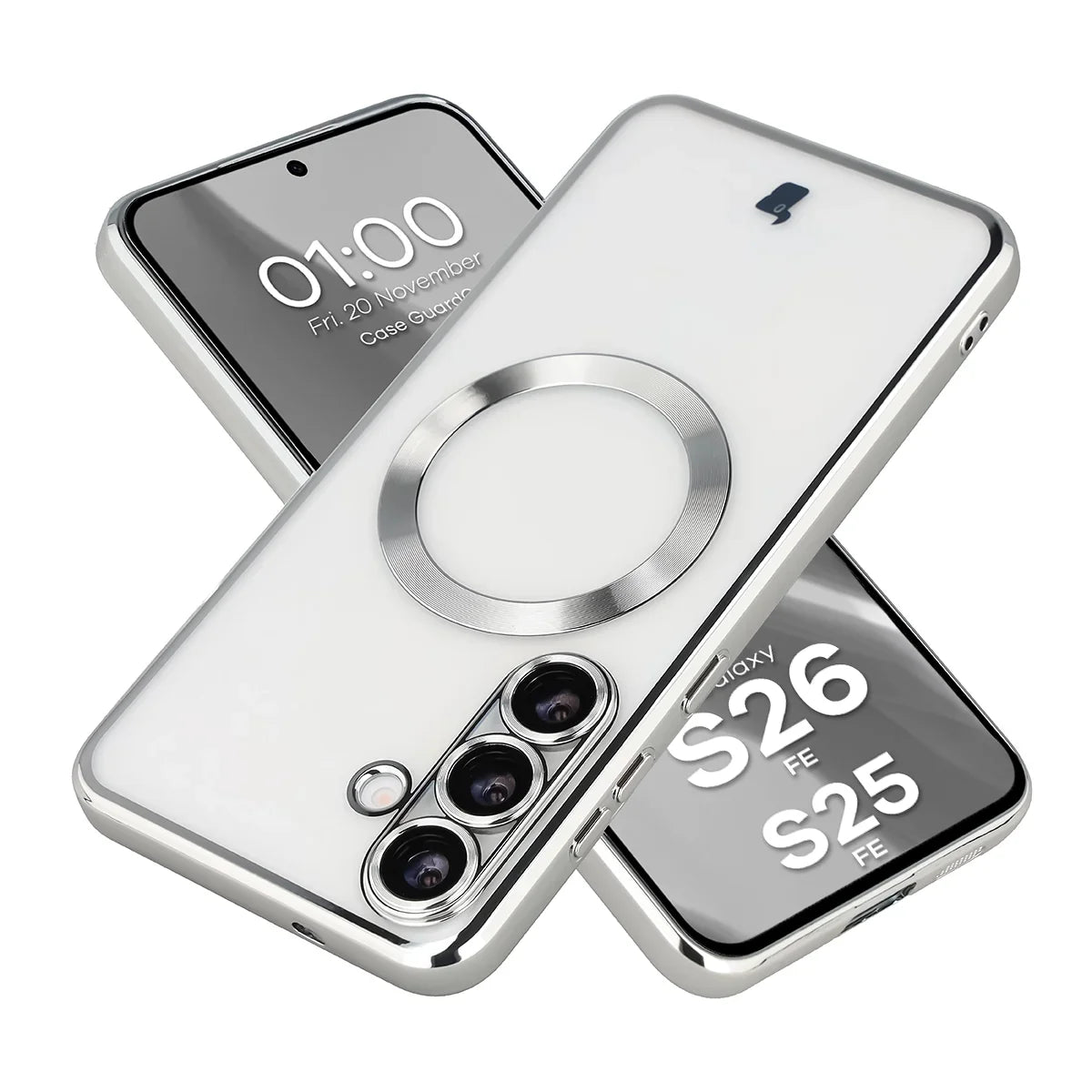 Handyhülle mit Kameraschutz und Magnetring für Galaxy S26 FE / S25 FE, Bizon Case GuardO, Transparent-Silbern