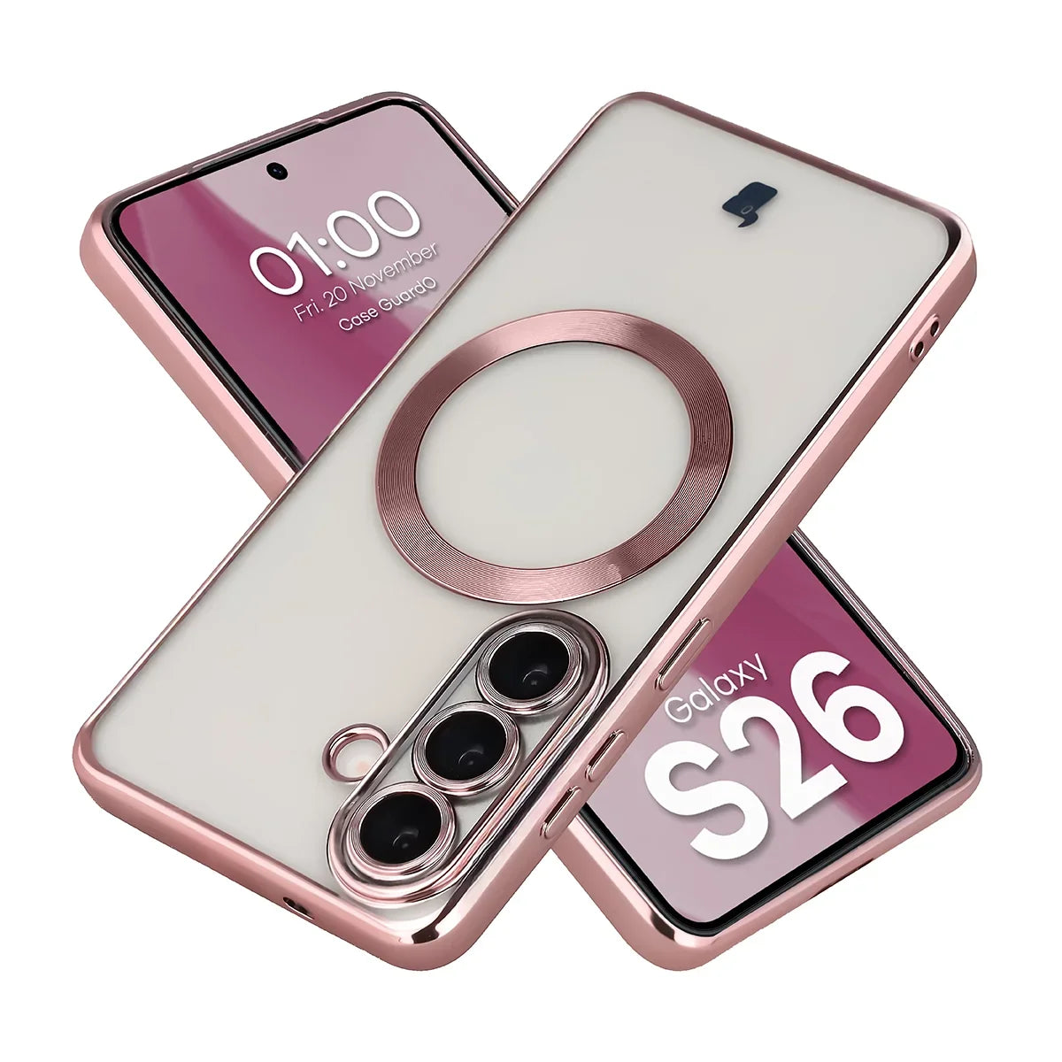 Handyhülle mit Kameraschutz und Magnetring für Galaxy S26, Bizon Case GuardO, Transparent-Rosa