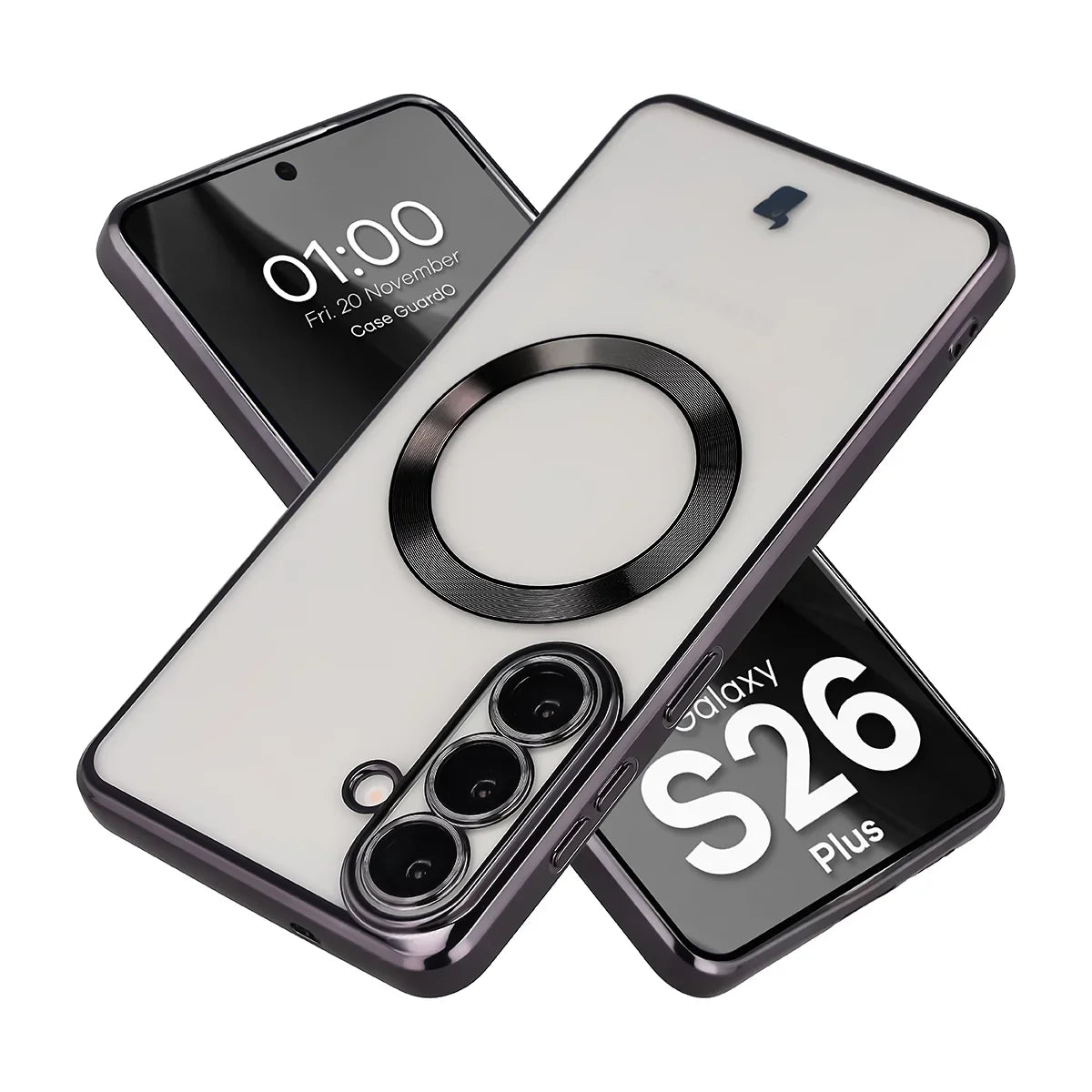 Handyhülle mit Kameraschutz und Magnetring für Galaxy S26 Plus, Bizon Case GuardO, Transparent-Schwarz