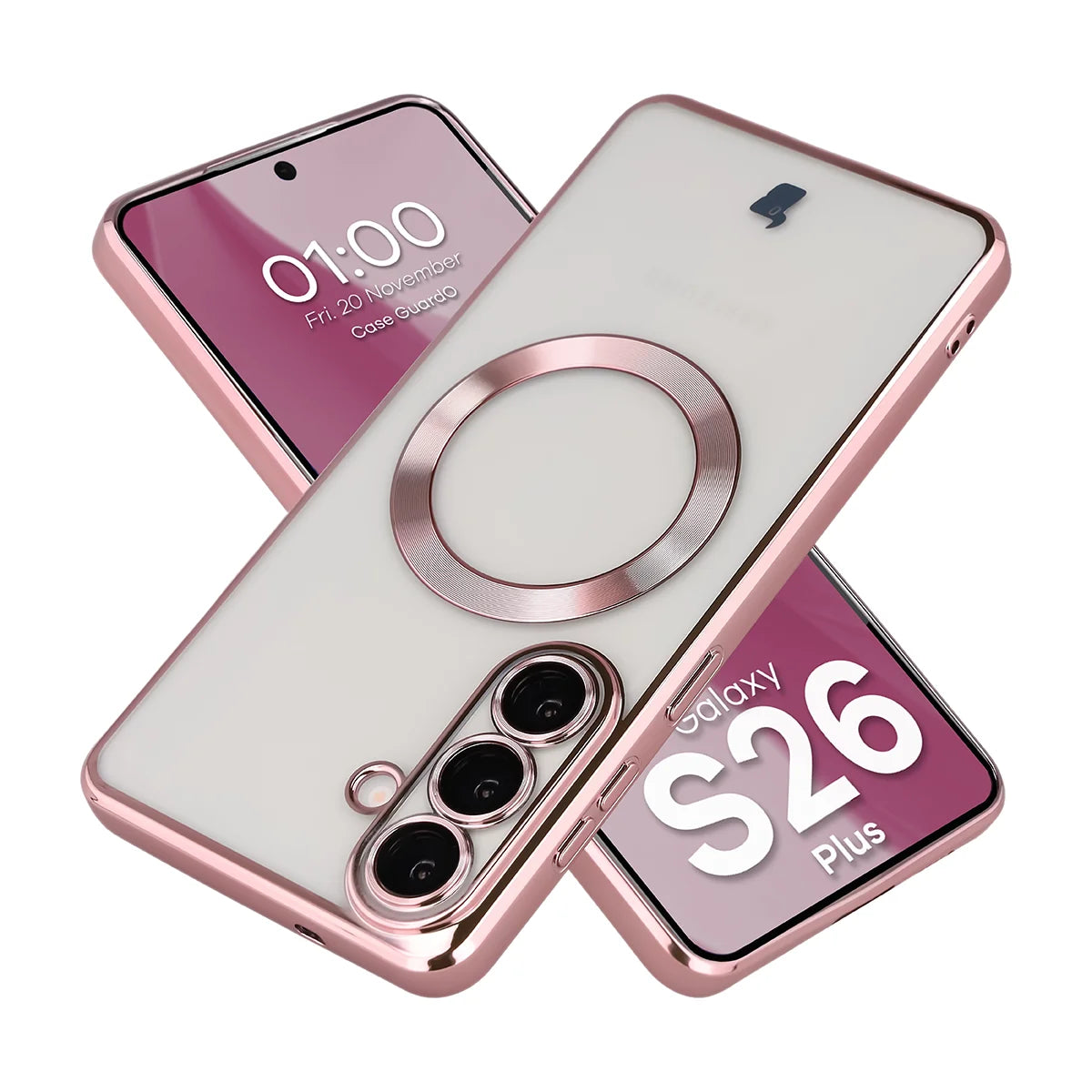 Handyhülle mit Kameraschutz und Magnetring für Galaxy S26 Plus, Bizon Case GuardO, Transparent-Rosa