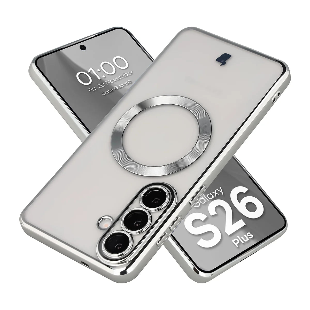 Handyhülle mit Kameraschutz und Magnetring für Galaxy S26 Plus, Bizon Case GuardO, Transparent-Silbern