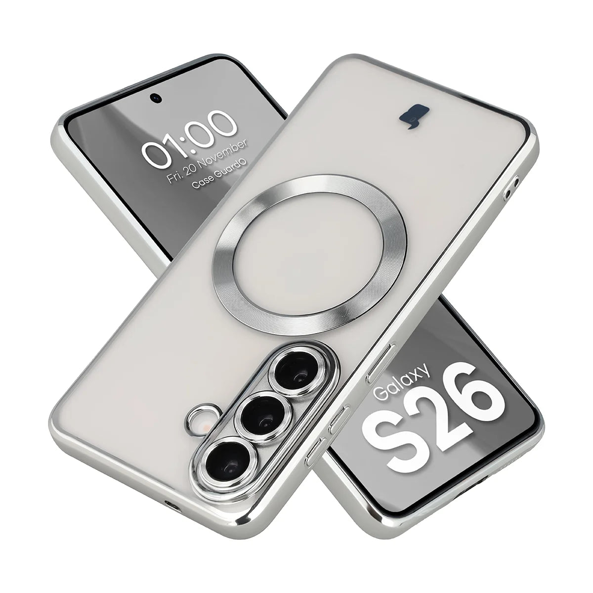 Handyhülle mit Kameraschutz und Magnetring für Galaxy S26, Bizon Case GuardO, Transparent-Silbern