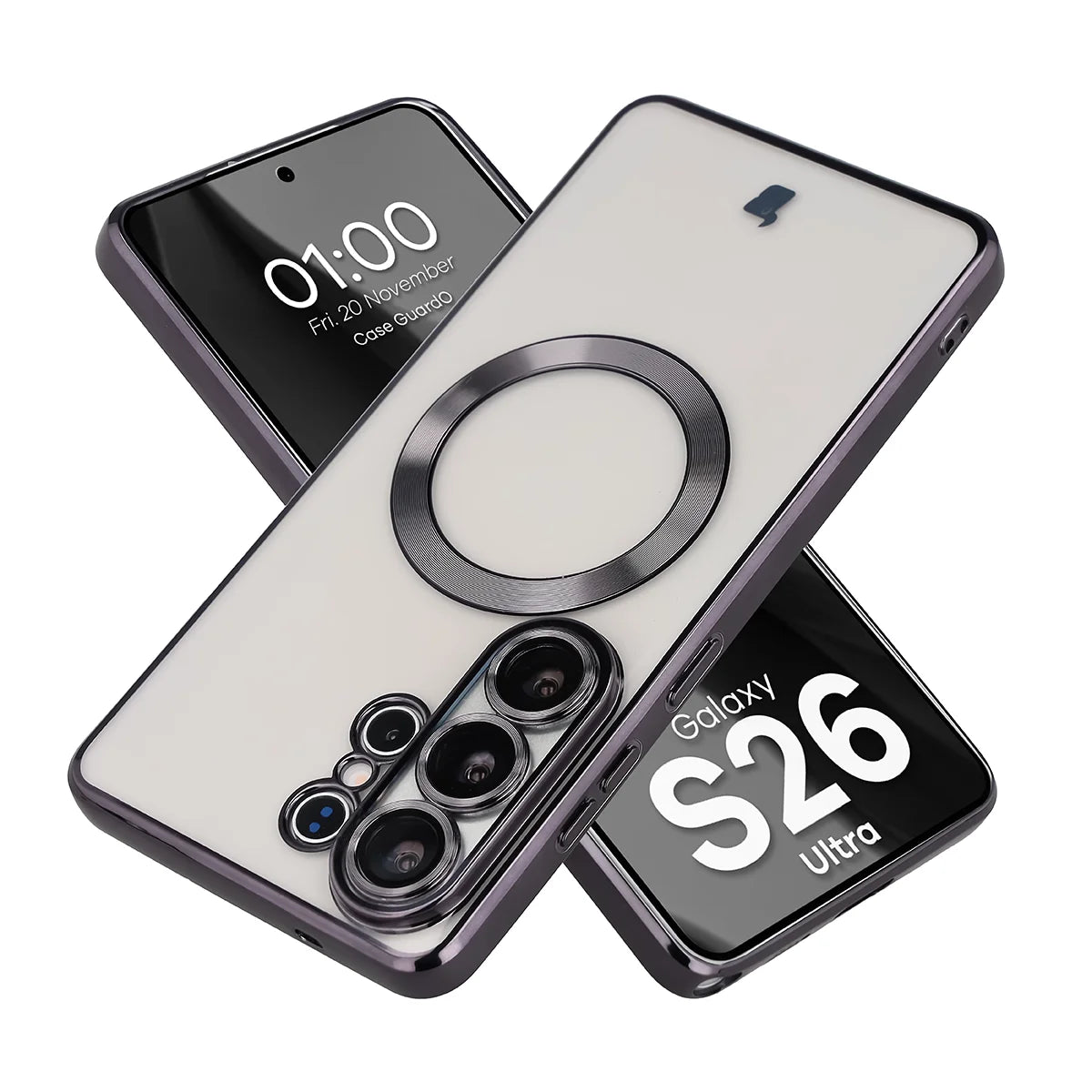 Handyhülle mit Kameraschutz und Magnetring für Galaxy S26 Ultra, Bizon Case GuardO, Transparent-Schwarz