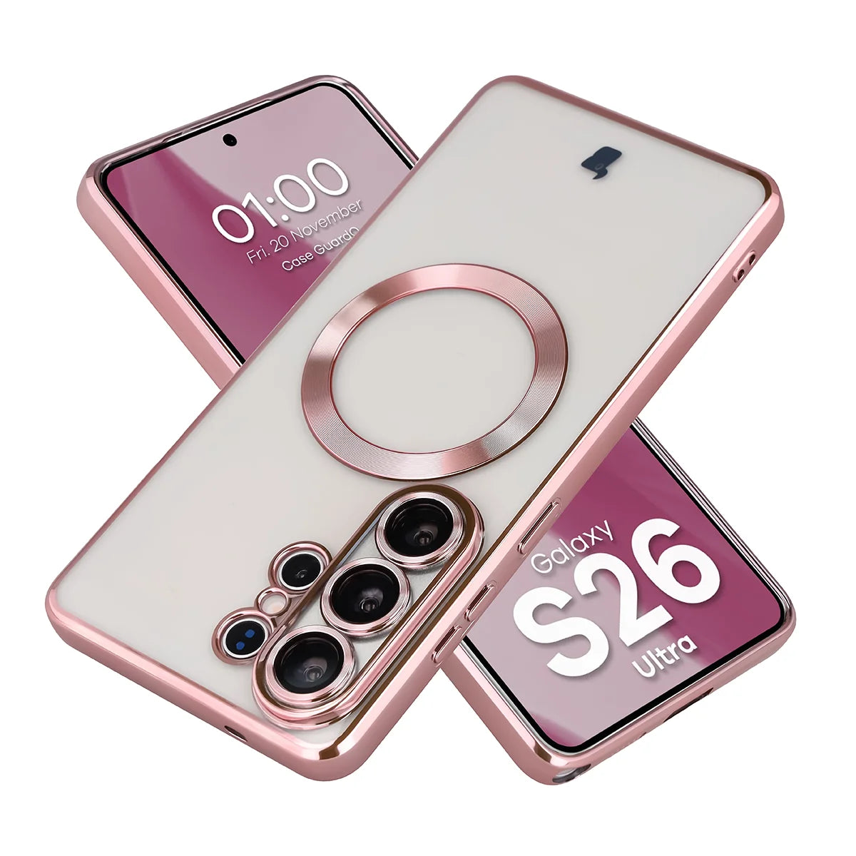 Handyhülle mit Kameraschutz und Magnetring für Galaxy S26 Ultra, Bizon Case GuardO, Transparent-Rosa