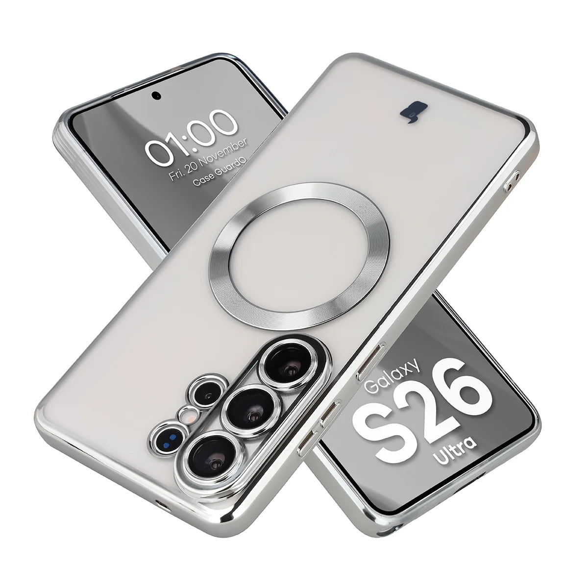Handyhülle mit Kameraschutz und Magnetring für Galaxy S26 Ultra, Bizon Case GuardO, Transparent-Silbern