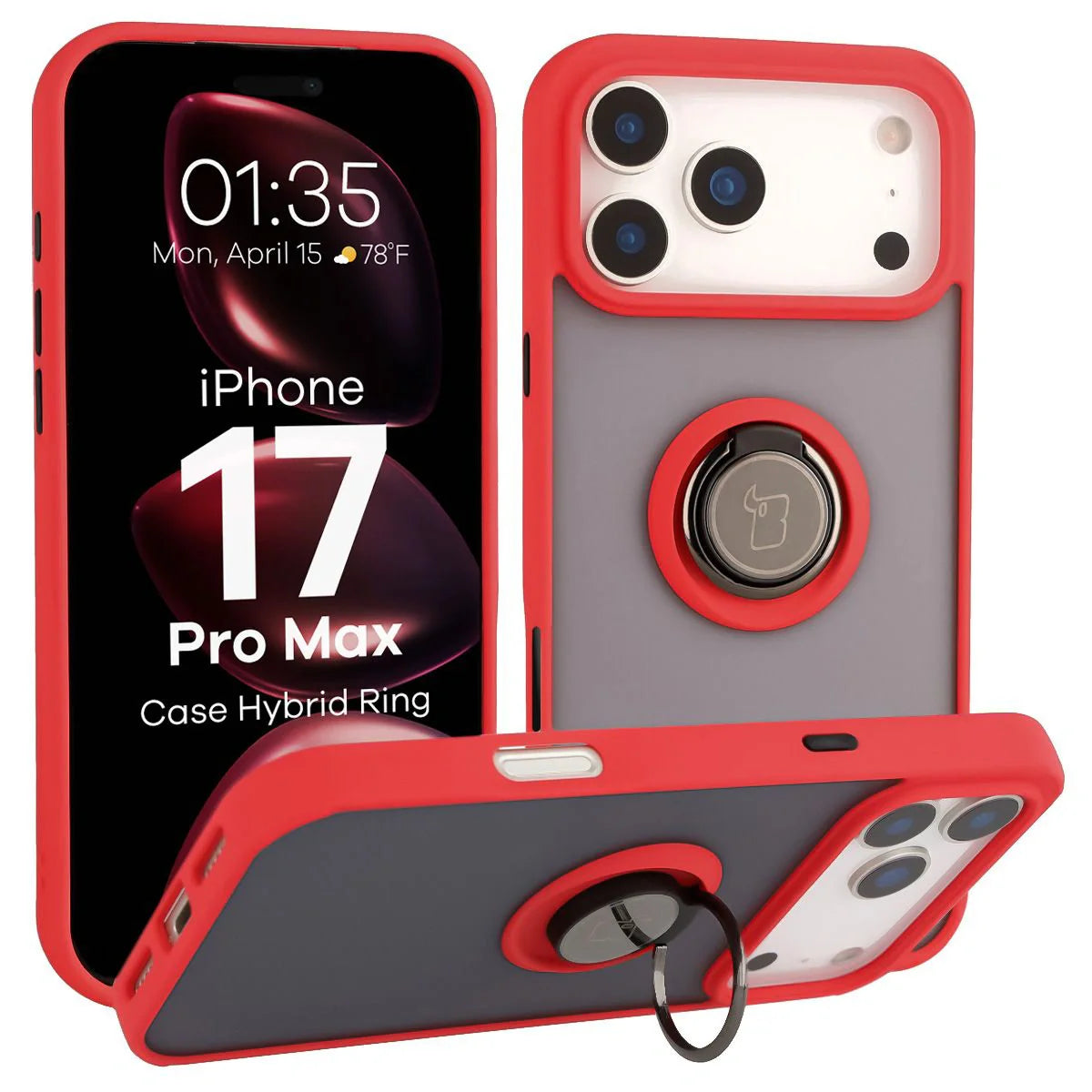 Handyhülle mit Fingergriff für iPhone 17 Pro Max, Bizon Case Hybrid Ring, getönt mit rotem Rahmen