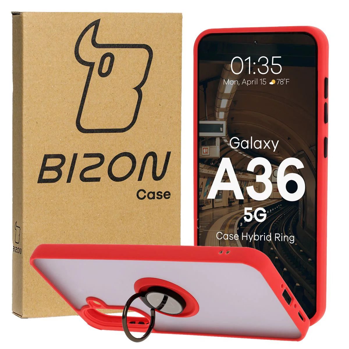 Handyhülle mit Fingergriff für Galaxy A36 5G, Bizon Case Hybrid Ring, getönt mit rotem Rahmen