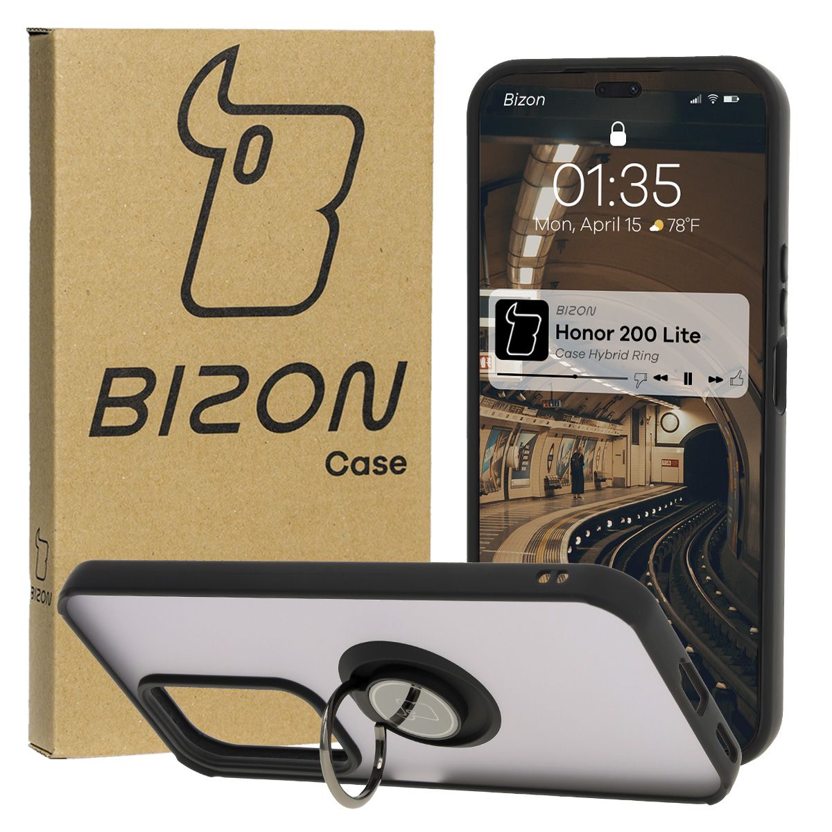 Handyhülle mit Fingergriff für Honor 200 Lite, Bizon Case Hybrid Ring, getönt mit schwarzem Rahmen