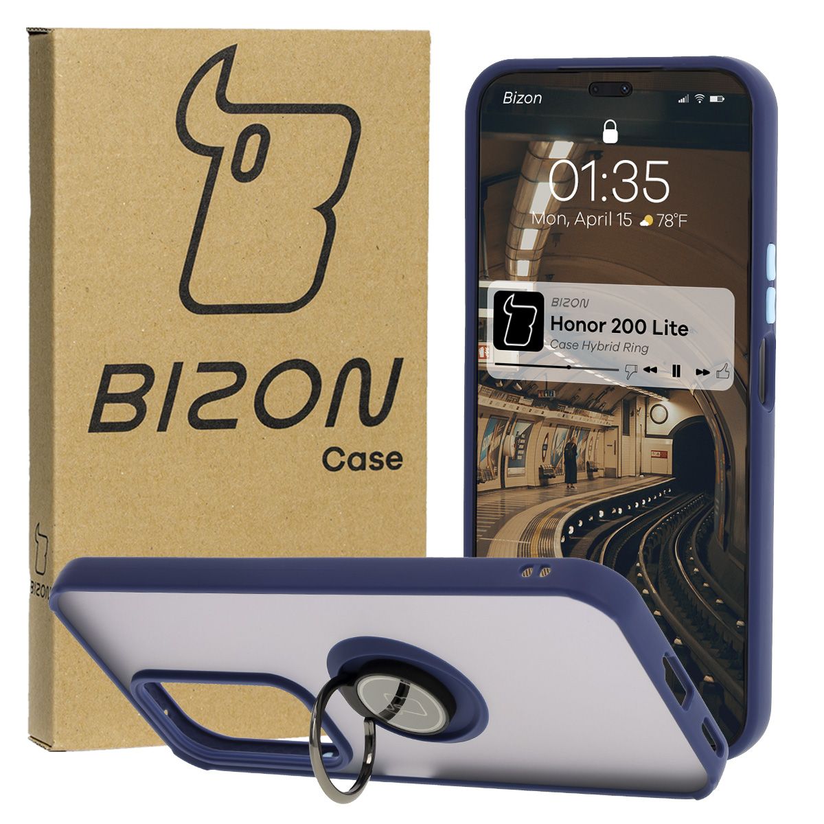 Handyhülle mit Fingergriff für Honor 200 Lite, Bizon Case Hybrid Ring, getönt mit dunkelblauem Rahmen