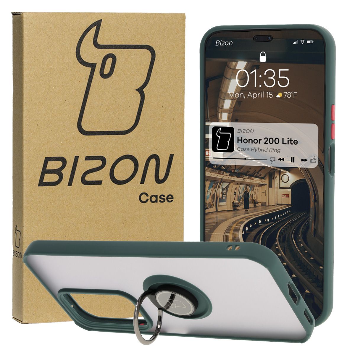 Handyhülle mit Fingergriff für Honor 200 Lite, Bizon Case Hybrid Ring, getönt mit dunkelgrünem Rahmen