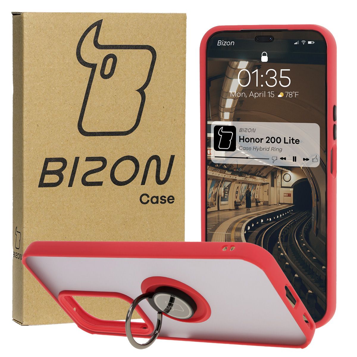 Handyhülle mit Fingergriff für Honor 200 Lite, Bizon Case Hybrid Ring, getönt mit rotem Rahmen