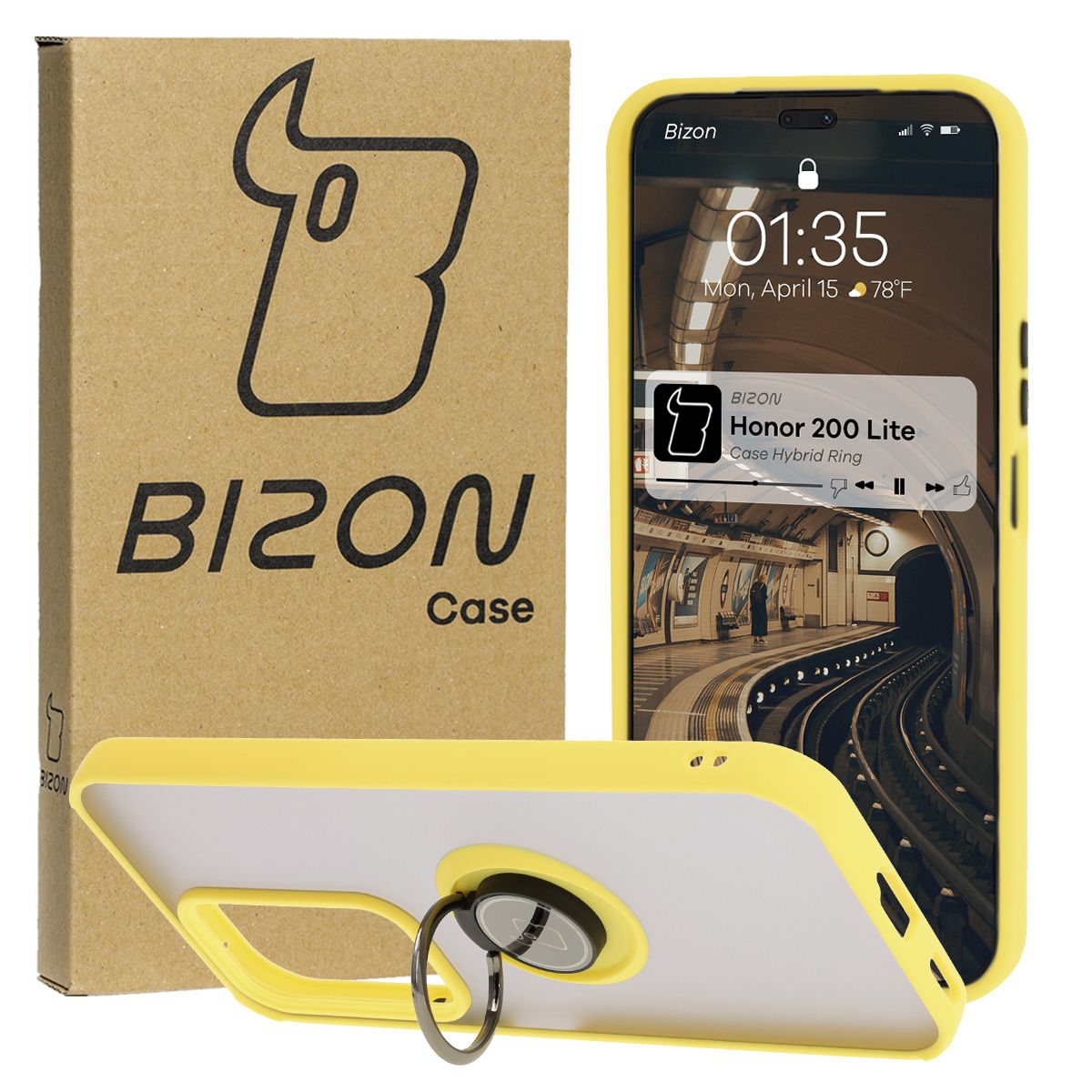 Handyhülle mit Fingergriff für Honor 200 Lite, Bizon Case Hybrid Ring, getönt mit gelbem Rahmen