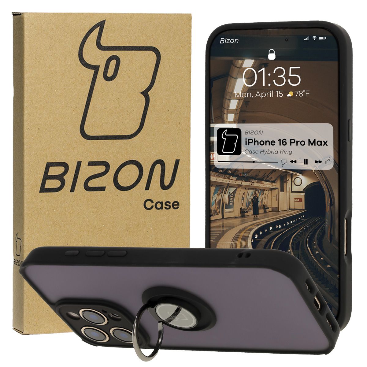 Handyhülle mit Fingergriff für iPhone 16 Pro Max, Bizon Case Hybrid Ring, getönt mit schwarzem Rahmen