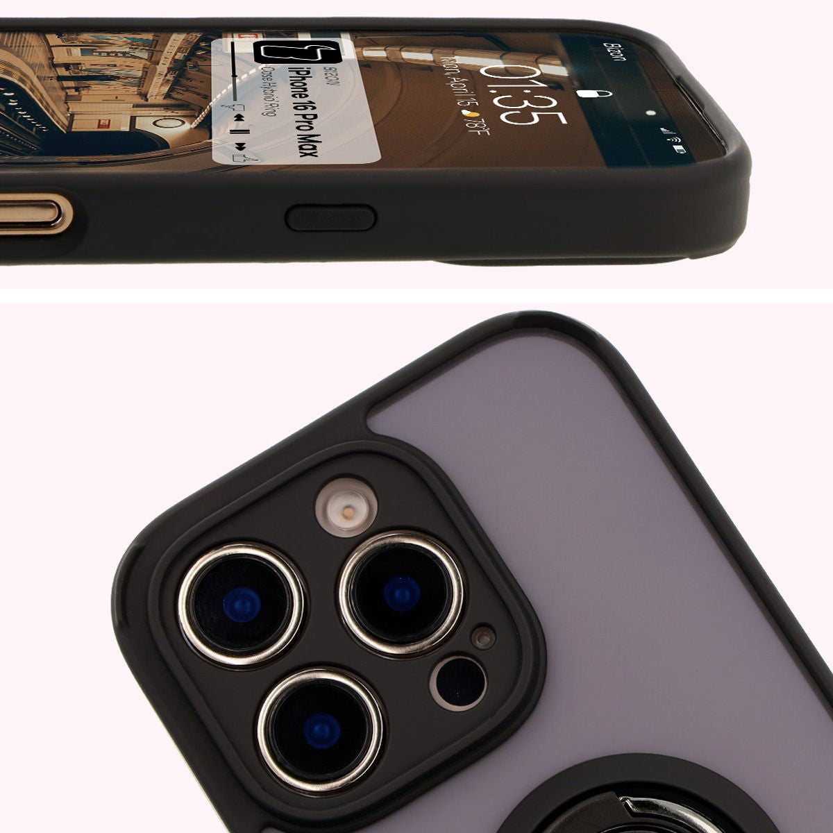 Handyhülle mit Fingergriff für iPhone 16 Pro Max, Bizon Case Hybrid Ring, getönt mit schwarzem Rahmen