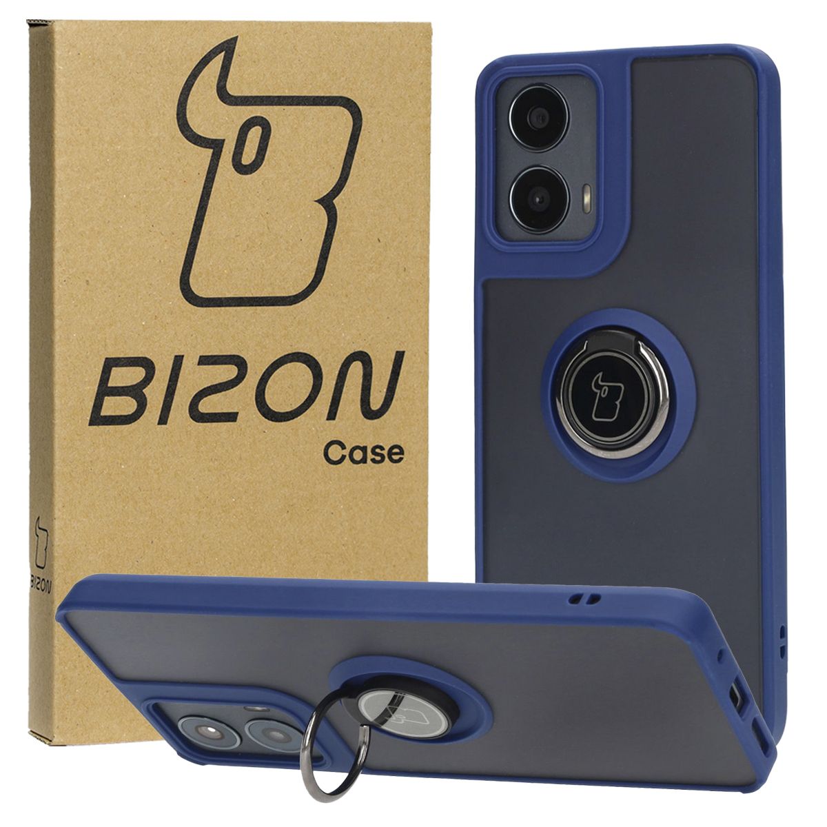 Handyhülle mit Fingergriff für Motorola Moto G04 / G24 / G24 Power, Bizon Case Hybrid Ring, getönt mit dunkelblauem Rahmen