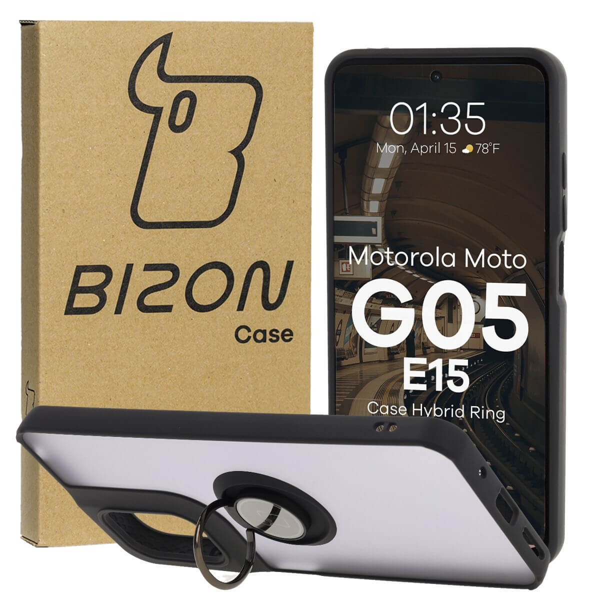 Handyhülle mit Fingergriff für Motorola Moto G05 / E15, Bizon Case Hybrid Ring, getönt mit schwarzem Rahmen