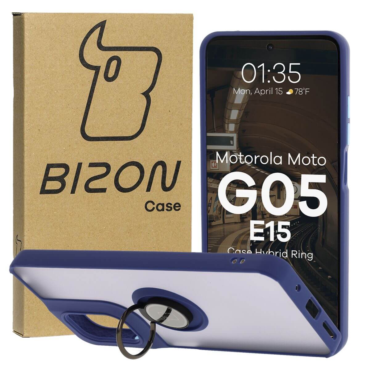 Handyhülle mit Fingergriff für Motorola Moto G05 / E15, Bizon Case Hybrid Ring, getönt mit dunkelblauem Rahmen