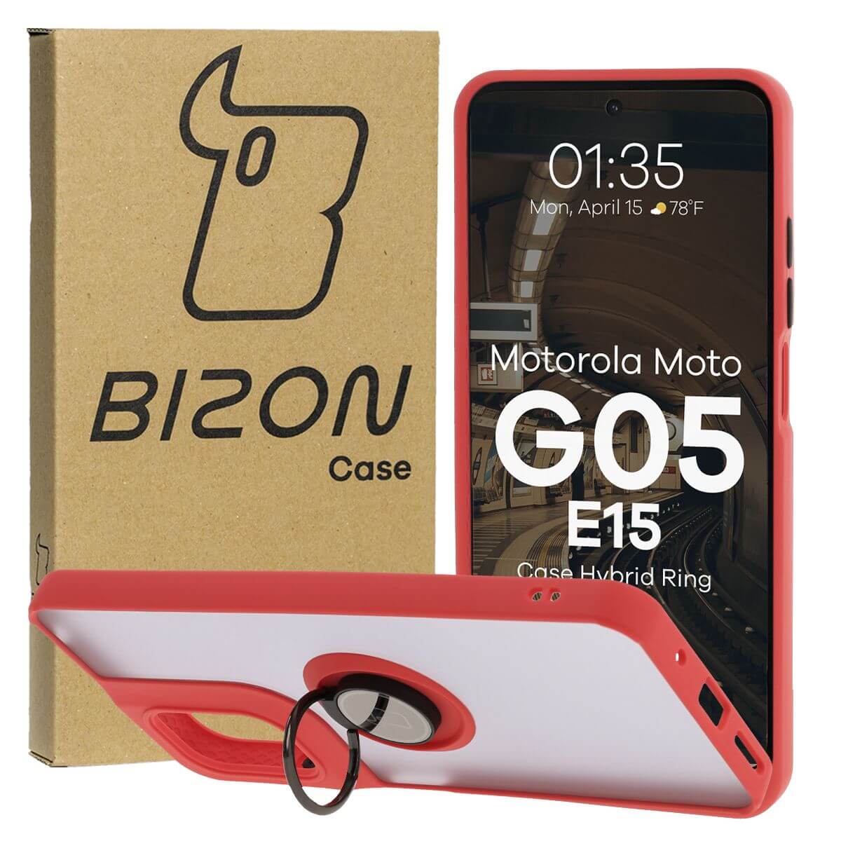 Handyhülle mit Fingergriff für Motorola Moto G05 / E15, Bizon Case Hybrid Ring, getönt mit rotem Rahmen