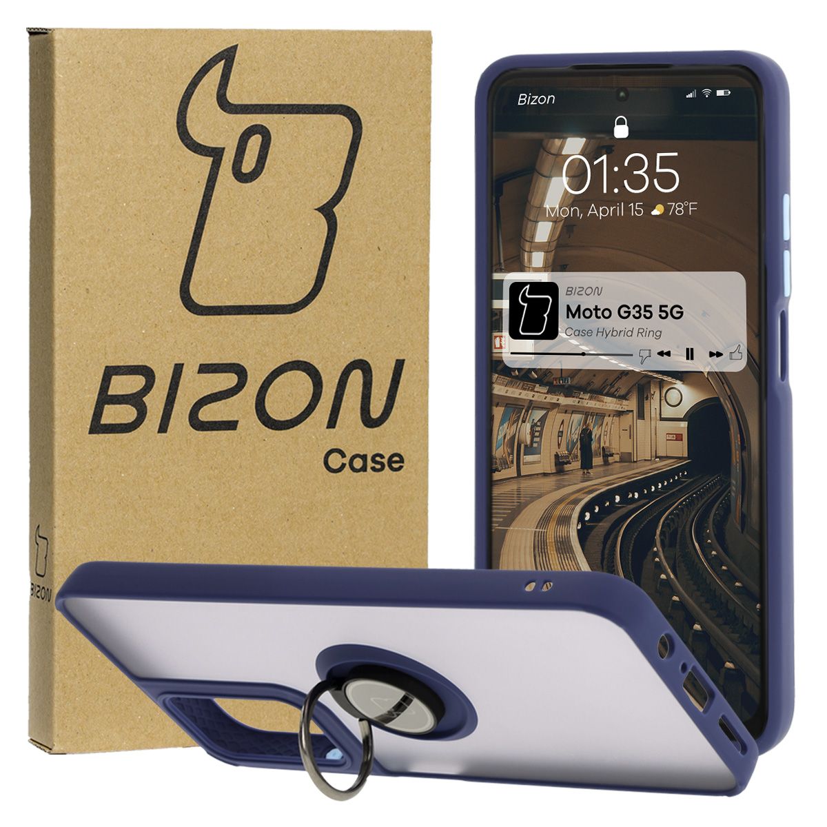 Handyhülle mit Fingergriff für Motorola Moto G35 5G, Bizon Case Hybrid Ring, getönt mit dunkelblauem Rahmen