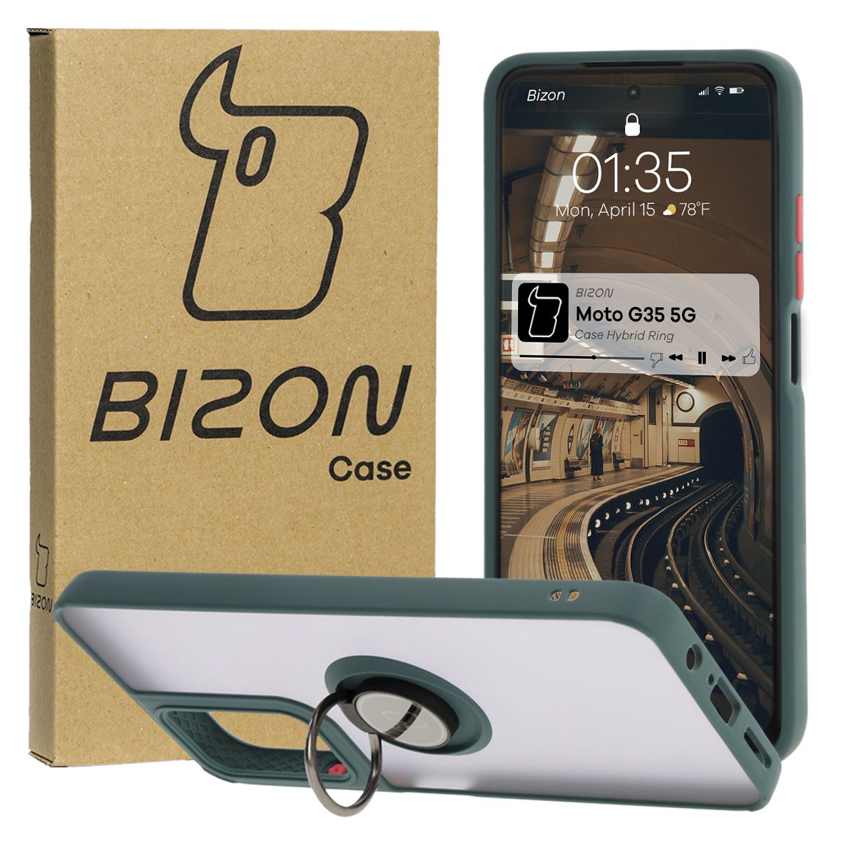 Handyhülle mit Fingergriff für Motorola Moto G35 5G, Bizon Case Hybrid Ring, getönt mit dunkelgrünem Rahmen