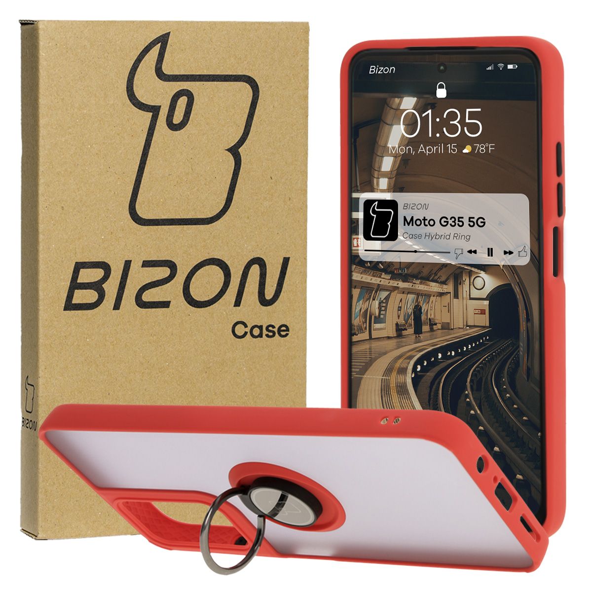 Handyhülle mit Fingergriff für Motorola Moto G35 5G, Bizon Case Hybrid Ring, getönt mit rotem Rahmen