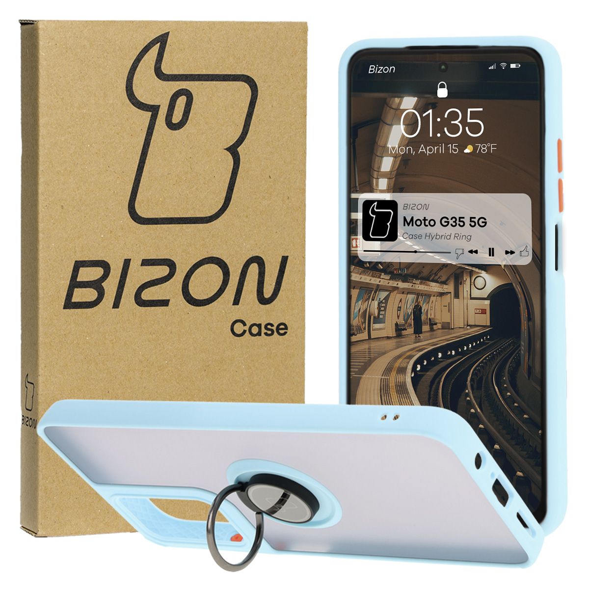 Handyhülle mit Fingergriff für Motorola Moto G35 5G, Bizon Case Hybrid Ring, getönt mit hellblauem Rahmen