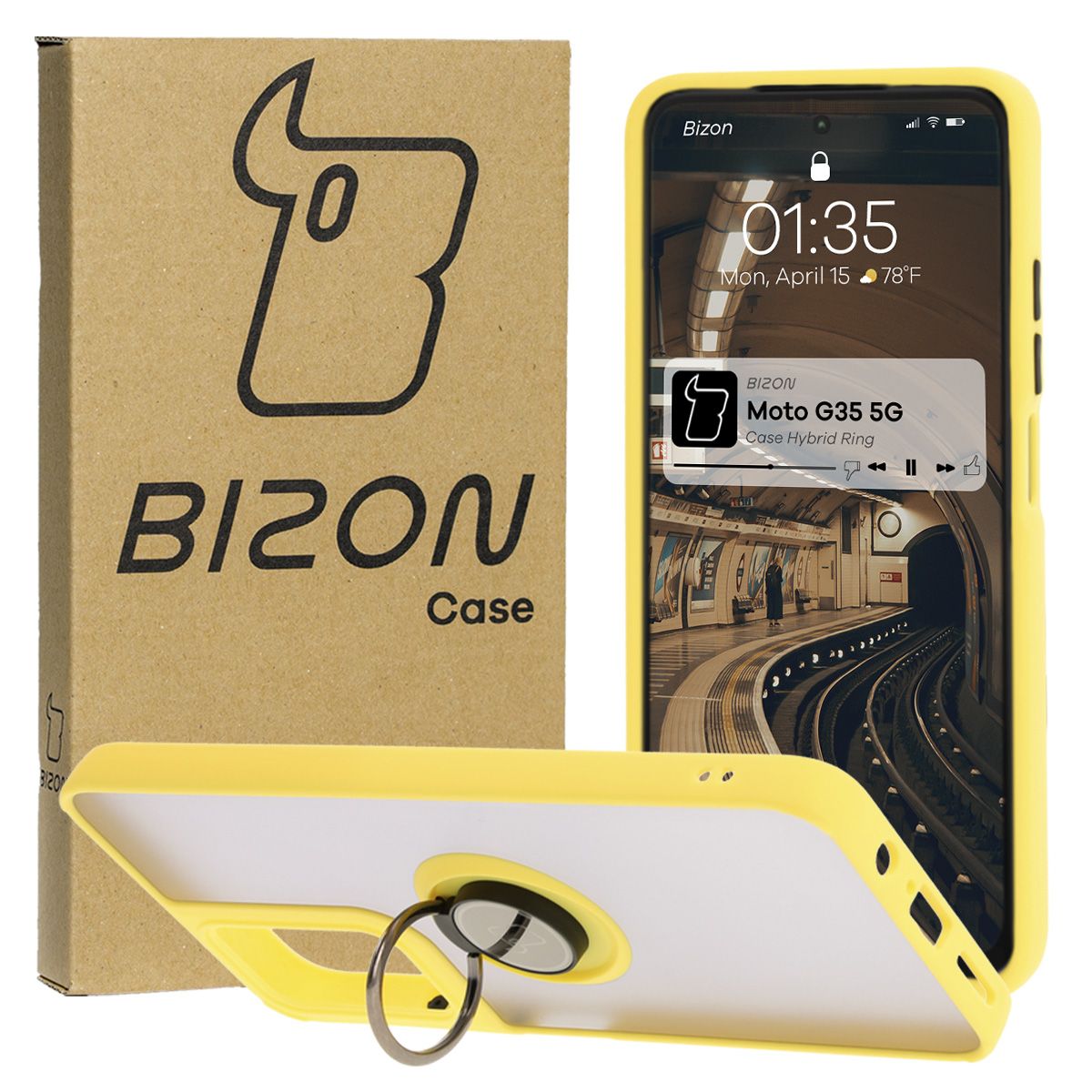 Handyhülle mit Fingergriff für Motorola Moto G35 5G, Bizon Case Hybrid Ring, getönt mit gelbem Rahmen