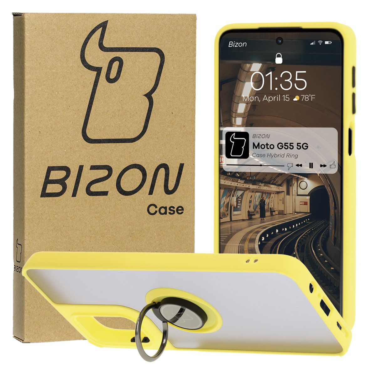 Handyhülle mit Fingergriff für Motorola Moto G55 5G, Bizon Case Hybrid Ring, getönt mit gelbem Rahmen