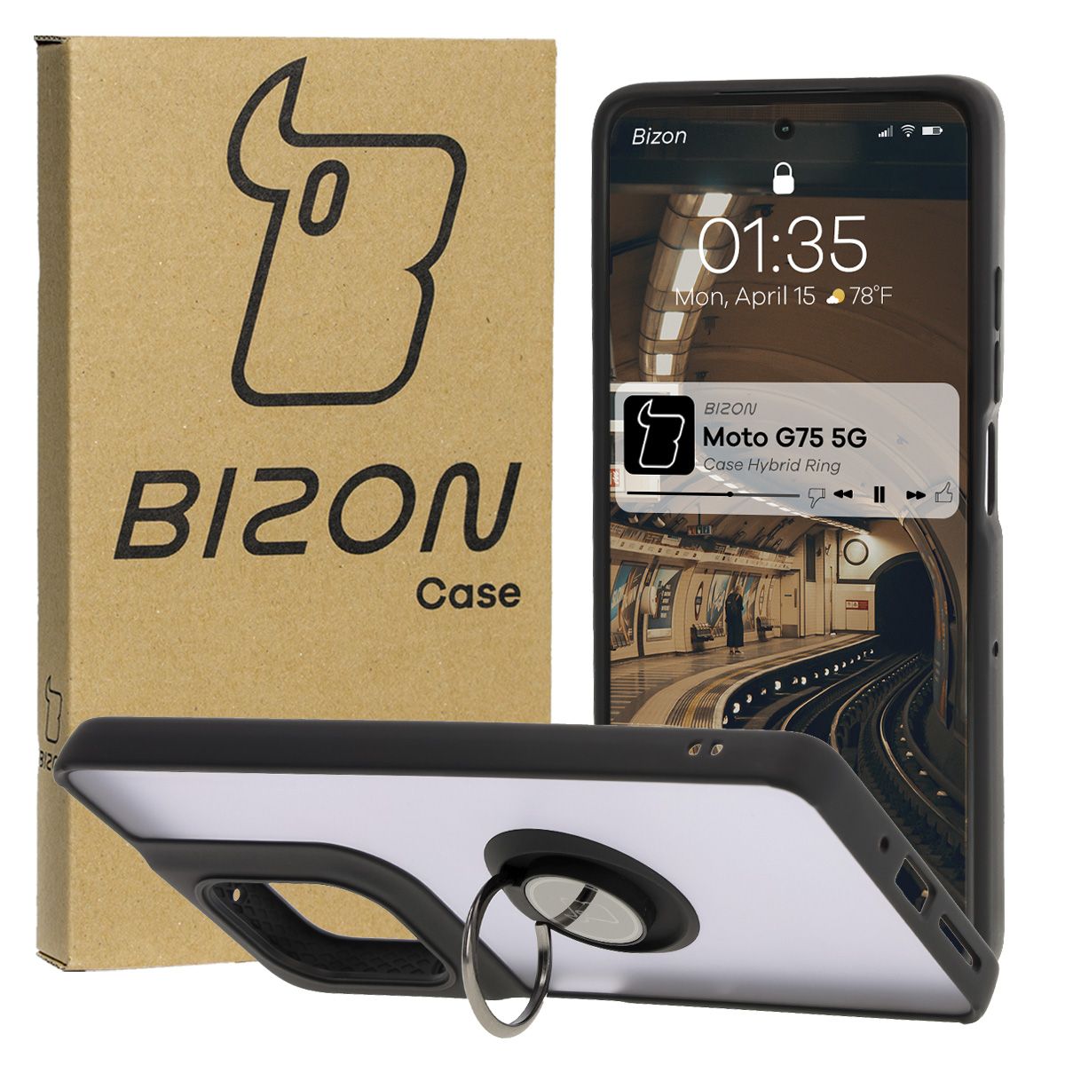 Handyhülle mit Fingergriff für Motorola Moto G75 5G, Bizon Case Hybrid Ring, getönt mit schwarzem Rahmen