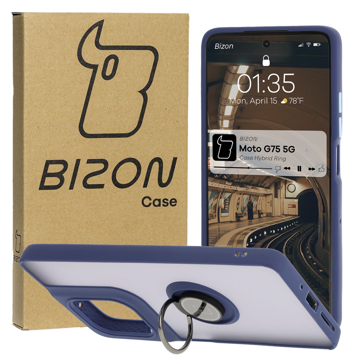 Handyhülle mit Fingergriff für Motorola Moto G75 5G, Bizon Case Hybrid Ring, getönt mit dunkelblauem Rahmen