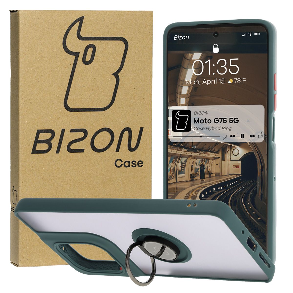 Handyhülle mit Fingergriff für Motorola Moto G75 5G, Bizon Case Hybrid Ring, getönt mit dunkelgrünem Rahmen