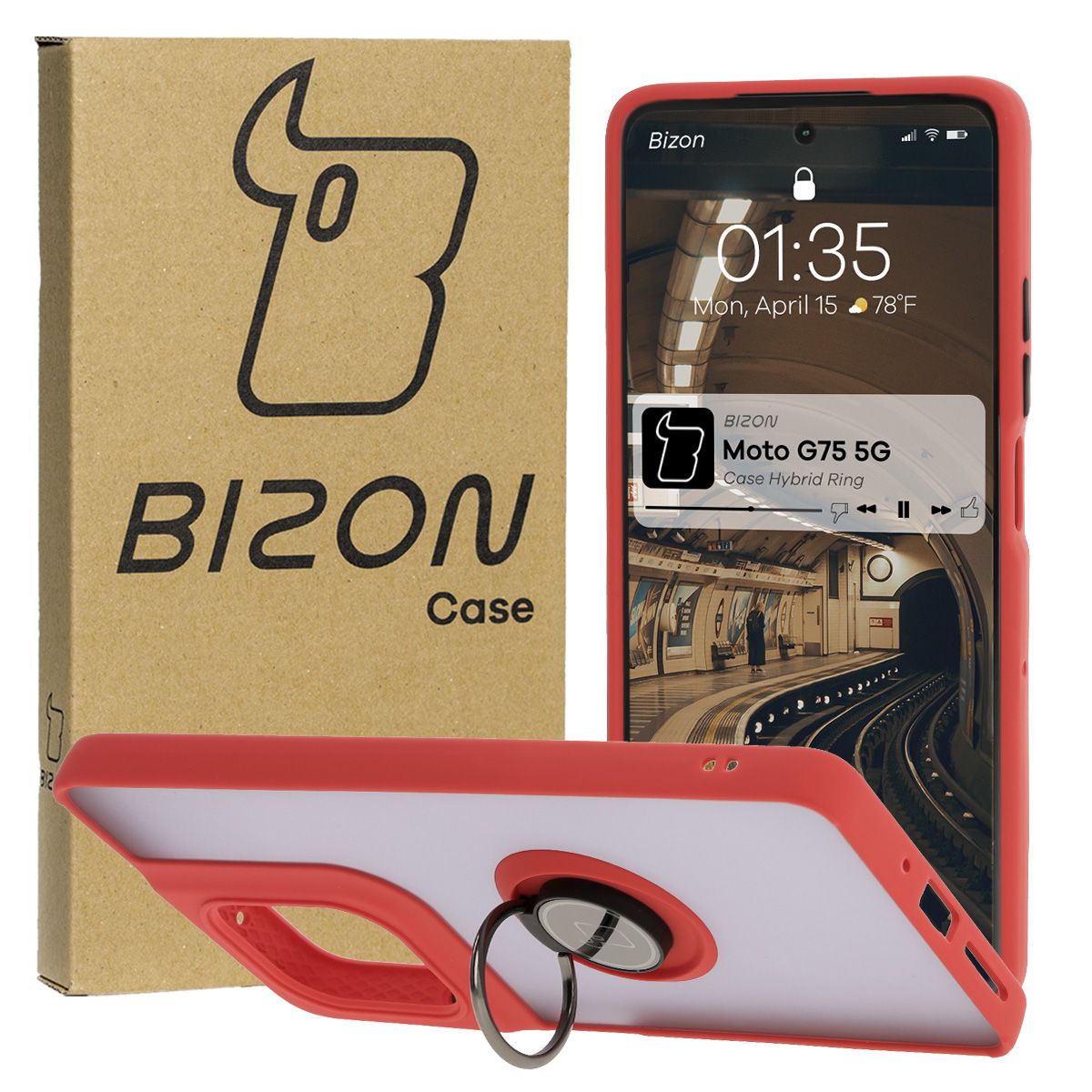 Handyhülle mit Fingergriff für Motorola Moto G75 5G, Bizon Case Hybrid Ring, getönt mit rotem Rahmen