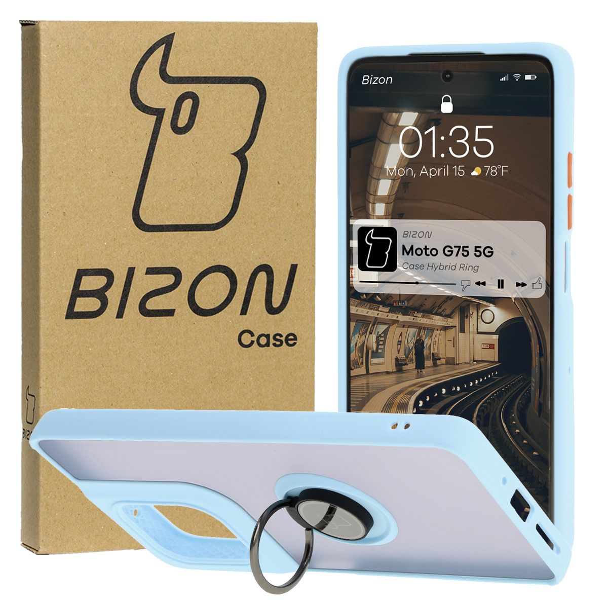 Handyhülle mit Fingergriff für Motorola Moto G75 5G, Bizon Case Hybrid Ring, getönt mit hellblauem Rahmen