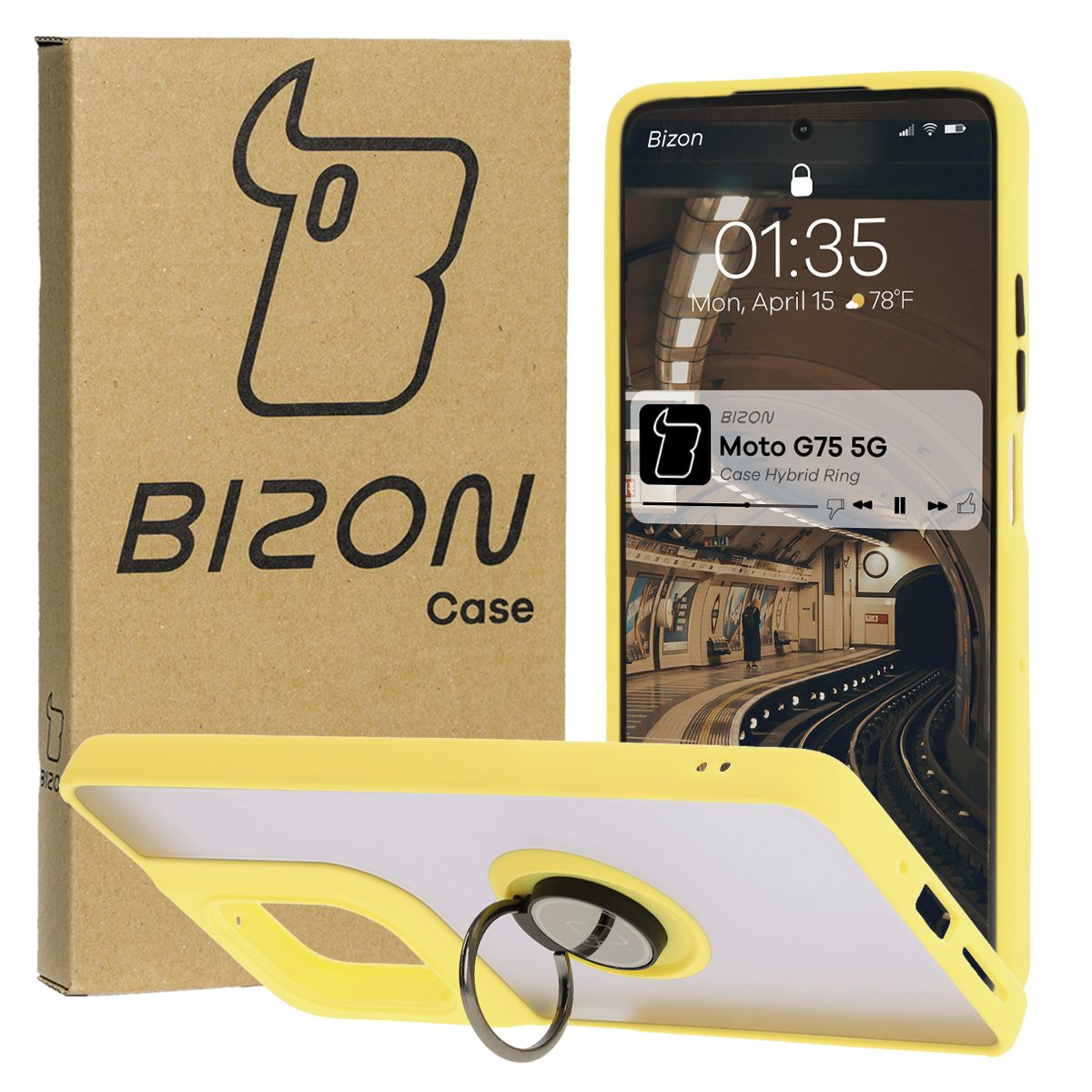 Handyhülle mit Fingergriff für Motorola Moto G75 5G, Bizon Case Hybrid Ring, getönt mit gelbem Rahmen