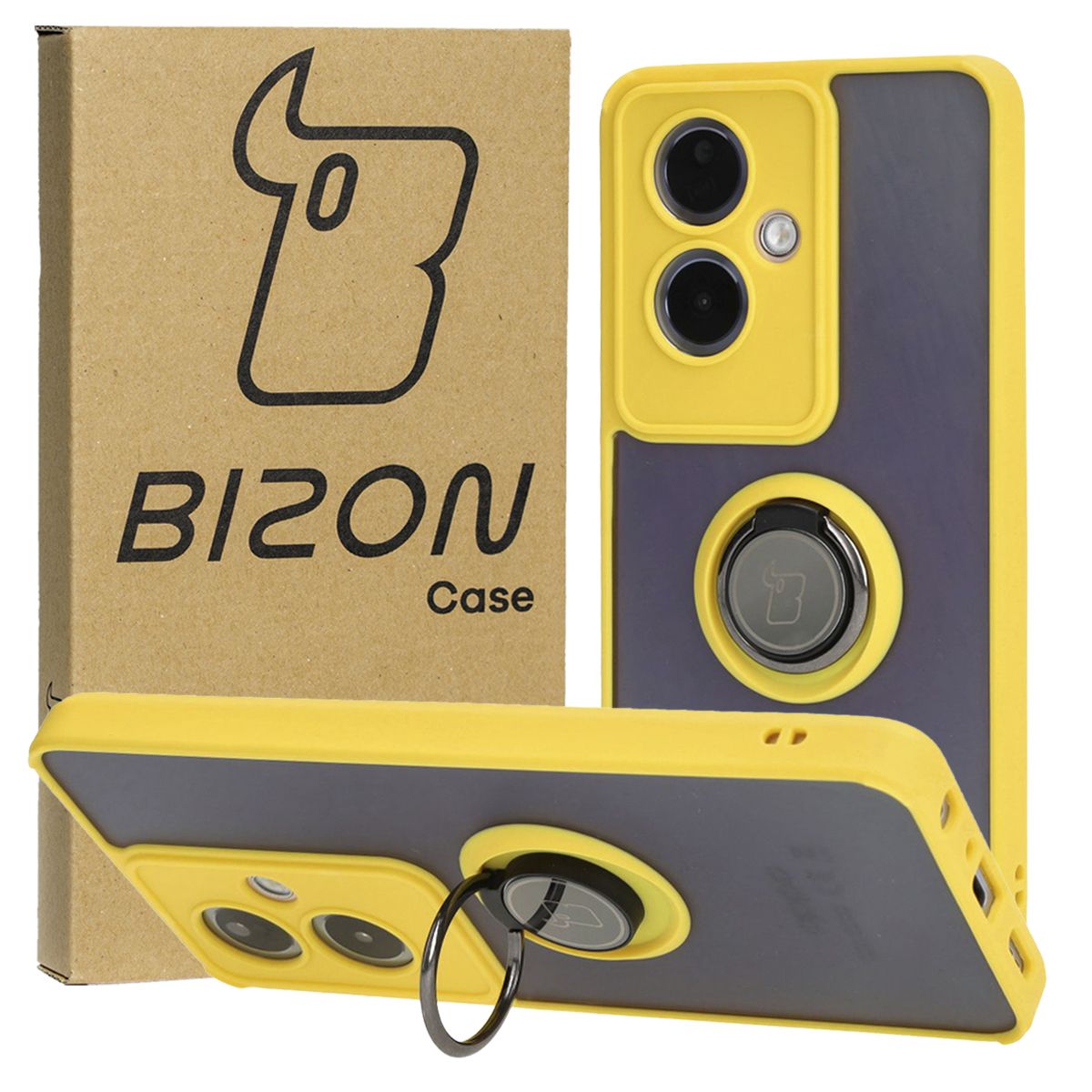 Handyhülle mit Fingergriff für Oppo A79 5G, Bizon Case Hybrid Ring, getönt mit gelbem Rahmen