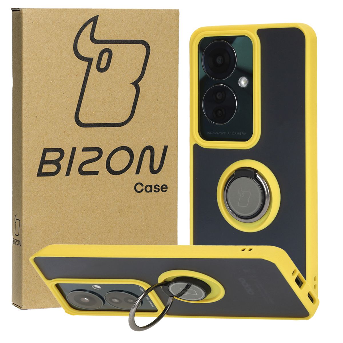 Handyhülle mit Fingergriff für Oppo Reno11 F 5G, Bizon Case Hybrid Ring, getönt mit gelbem Rahmen