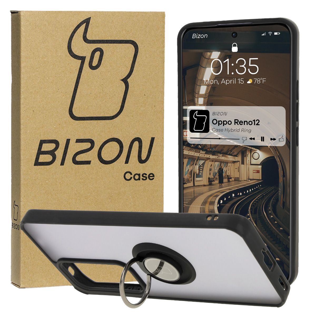 Handyhülle mit Fingergriff für Oppo Reno 12, Bizon Case Hybrid Ring, getönt mit schwarzem Rahmen