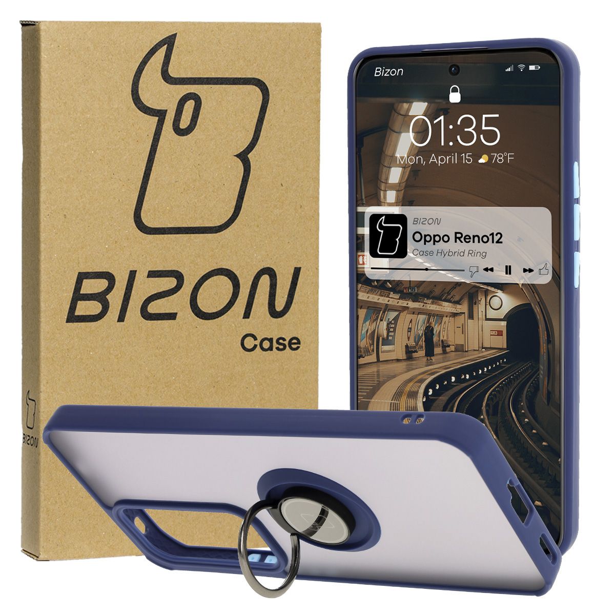 Handyhülle mit Fingergriff für Oppo Reno 12, Bizon Case Hybrid Ring, getönt mit dunkelblauem Rahmen