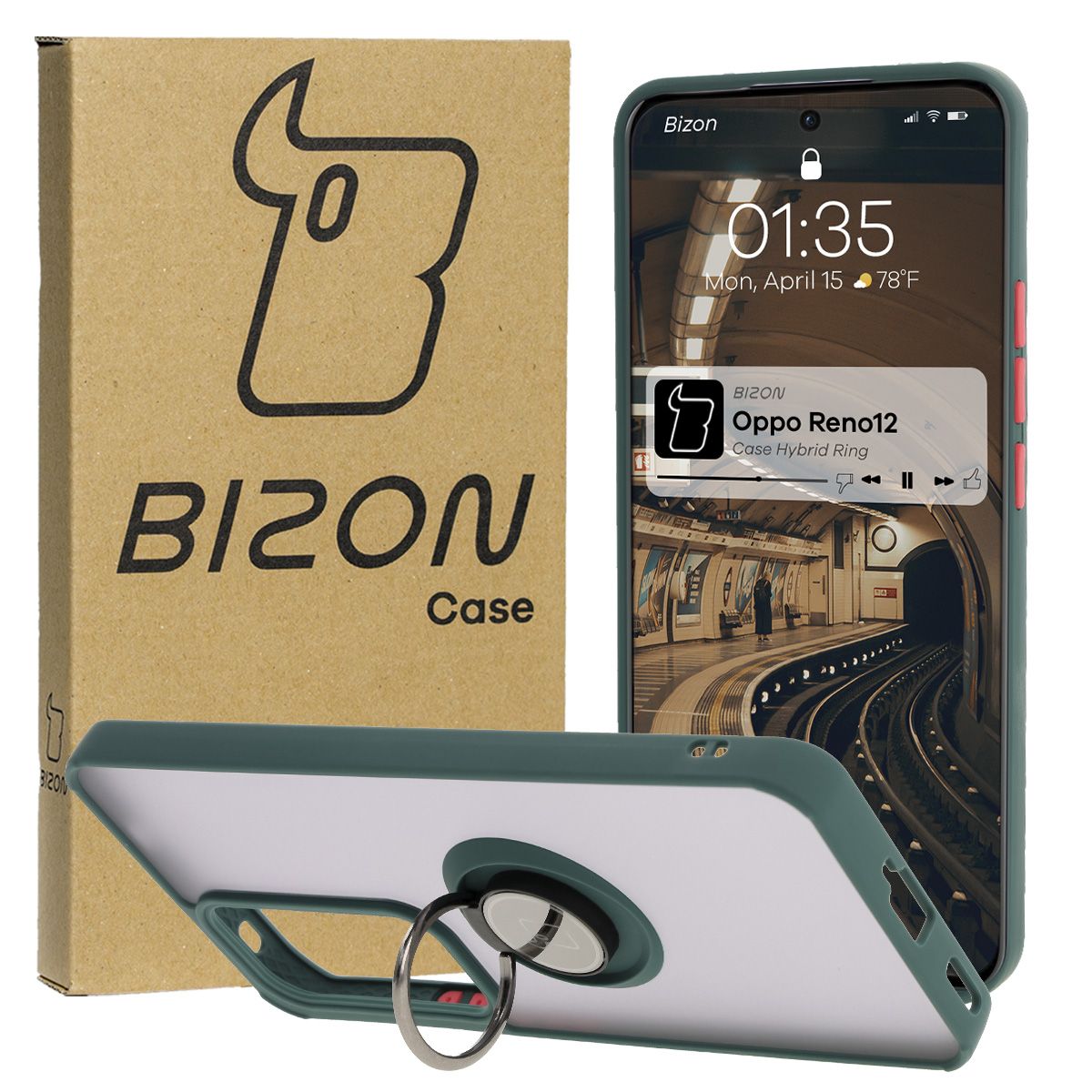 Handyhülle mit Fingergriff für Oppo Reno 12, Bizon Case Hybrid Ring, getönt mit dunkelgrünem Rahmen