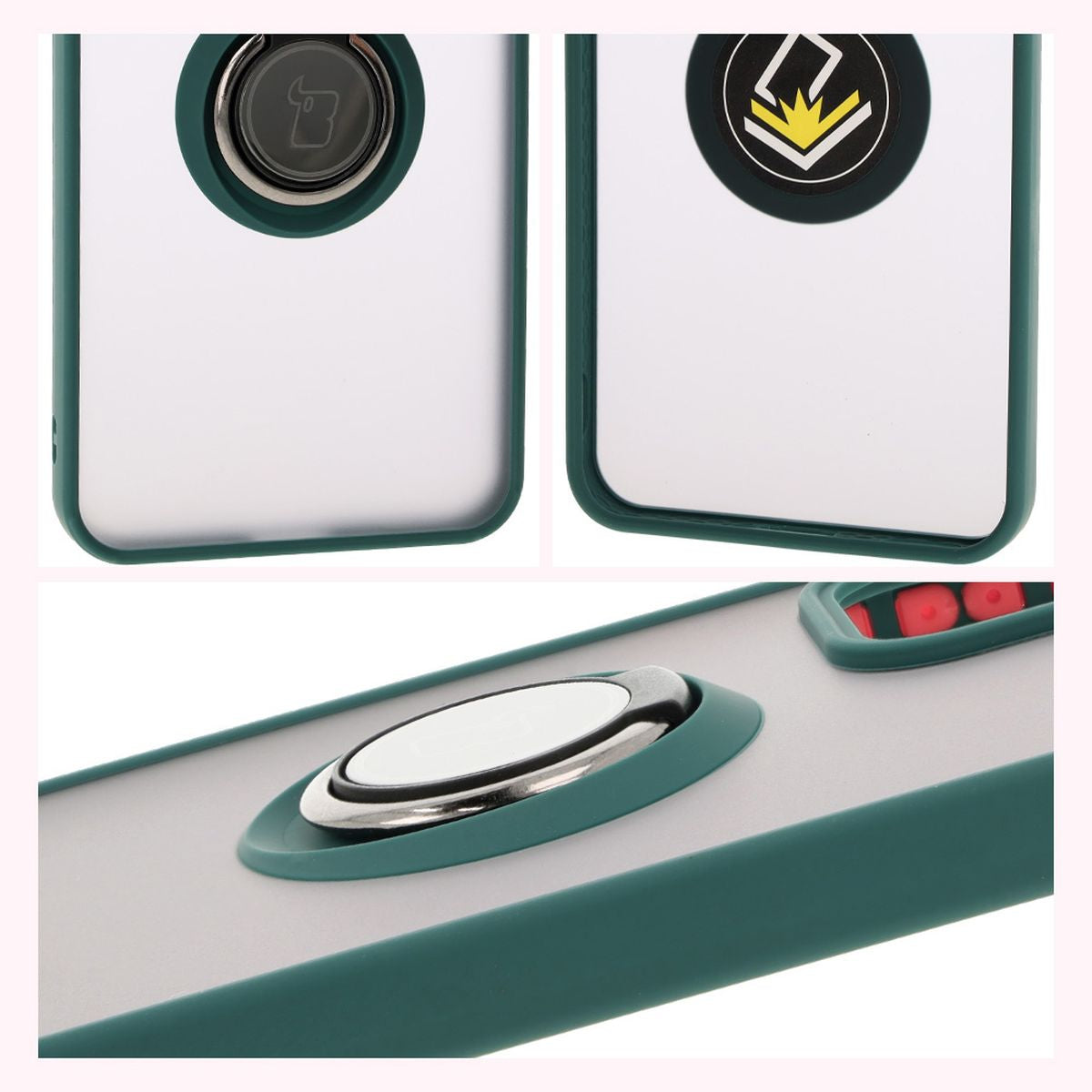 Handyhülle mit Fingergriff für Oppo Reno 12, Bizon Case Hybrid Ring, getönt mit dunkelgrünem Rahmen