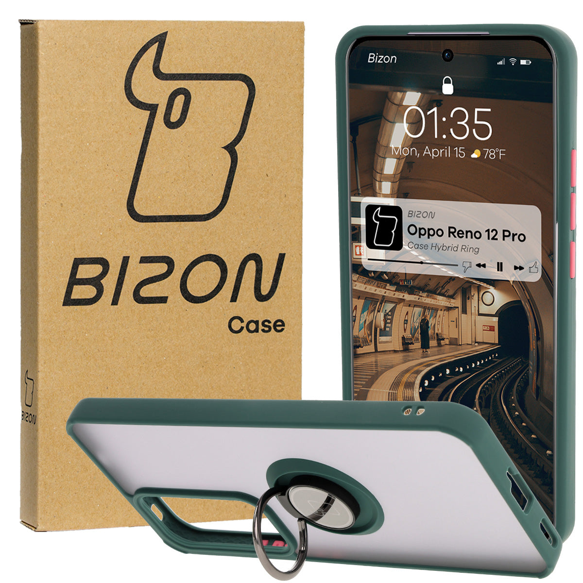 Handyhülle mit Fingergriff für Oppo Reno 12 Pro, Bizon Case Hybrid Ring, getönt mit dunkelgrünem Rahmen