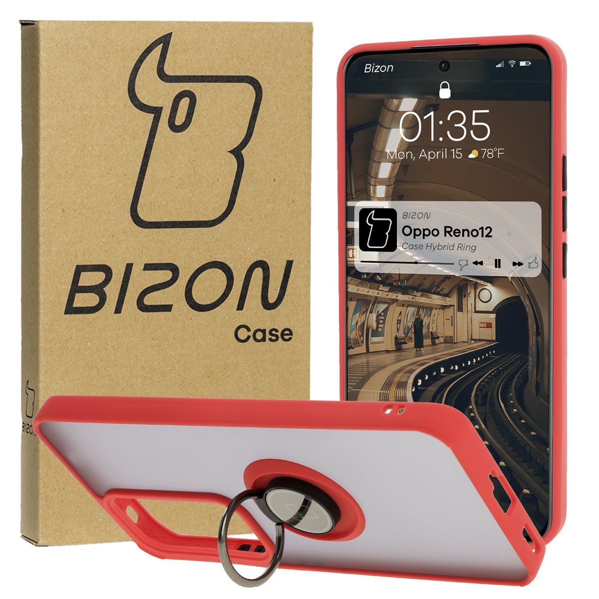 Handyhülle mit Fingergriff für Oppo Reno 12, Bizon Case Hybrid Ring, getönt mit rotem Rahmen