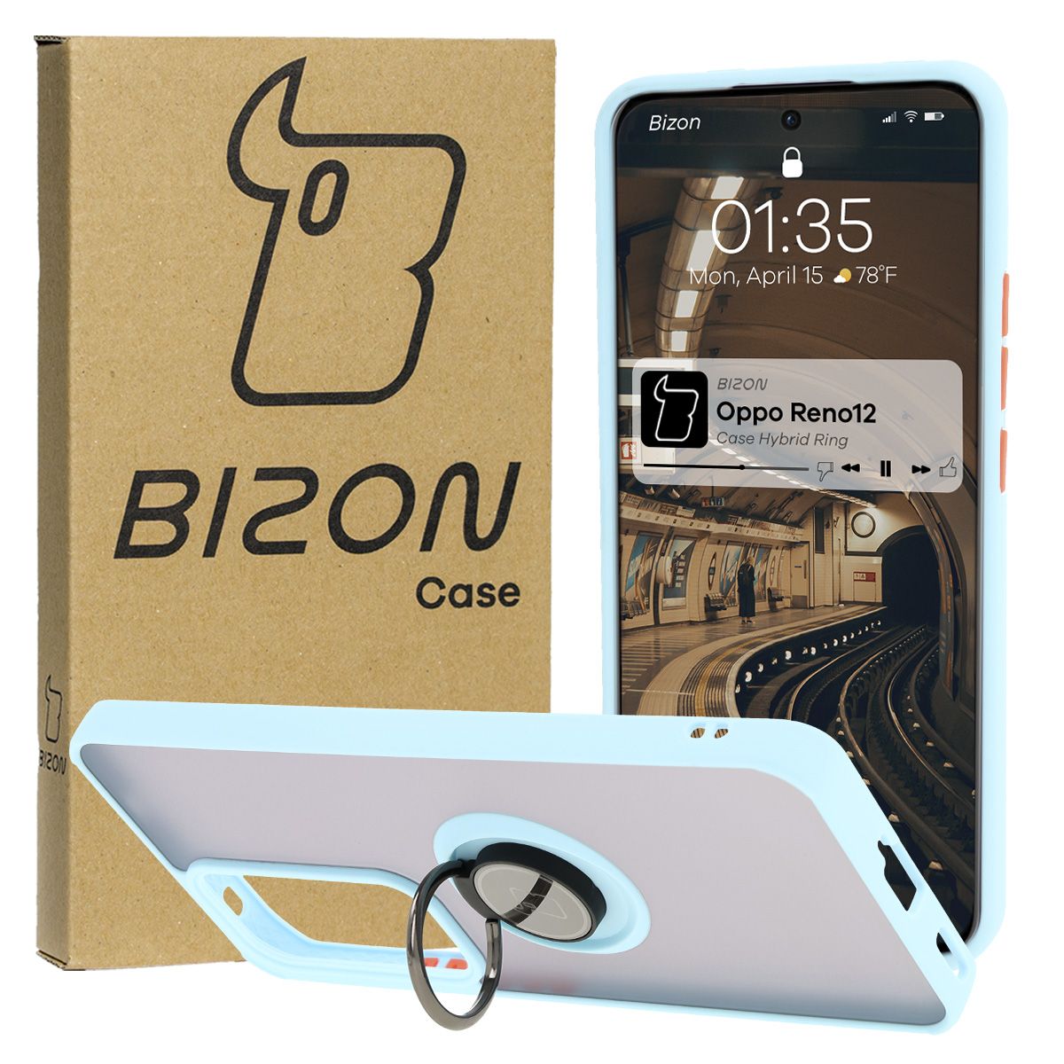 Handyhülle mit Fingergriff für Oppo Reno 12, Bizon Case Hybrid Ring, getönt mit hellblauem Rahmen