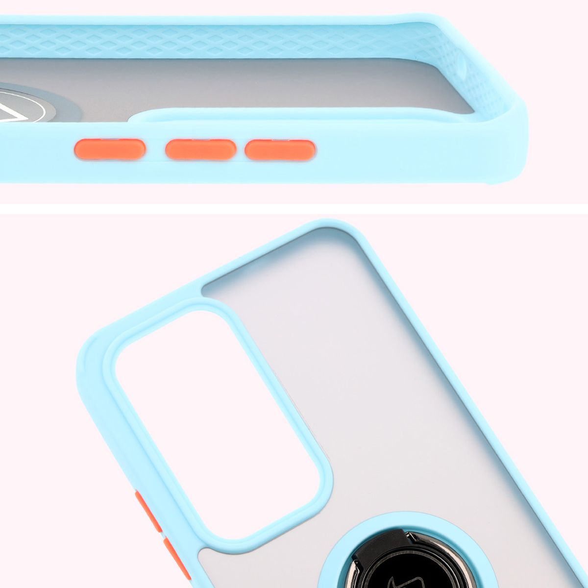 Handyhülle mit Fingergriff für Oppo Reno 12, Bizon Case Hybrid Ring, getönt mit hellblauem Rahmen