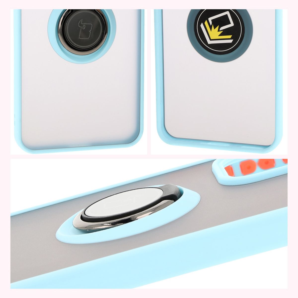 Handyhülle mit Fingergriff für Oppo Reno 12, Bizon Case Hybrid Ring, getönt mit hellblauem Rahmen