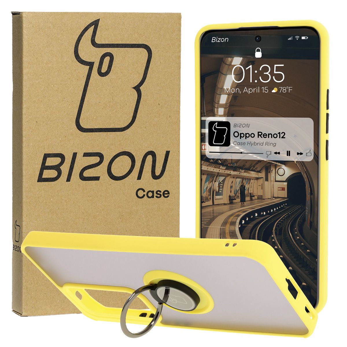 Handyhülle mit Fingergriff für Oppo Reno 12, Bizon Case Hybrid Ring, getönt mit gelbem Rahmen